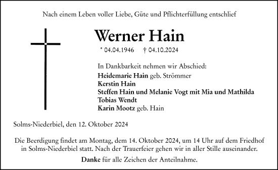 Traueranzeige von Werner Hain von Dill Block