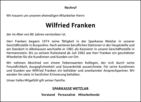 Traueranzeige von Wilfried Franken von Wetzlarer Neue Zeitung