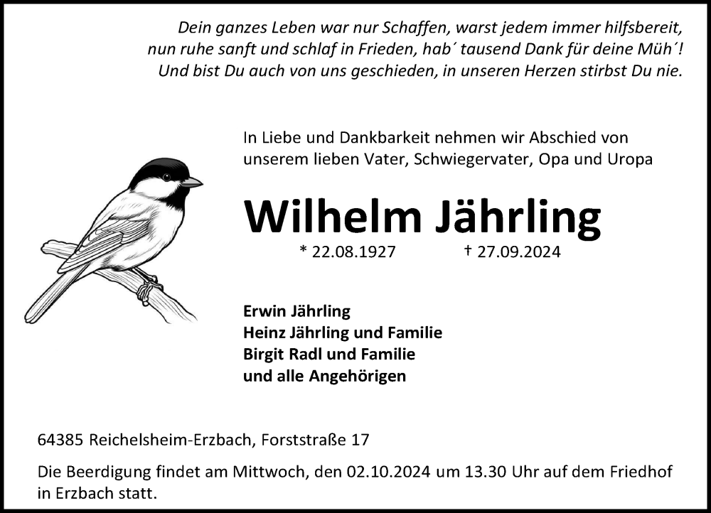 Traueranzeige für Wilhelm Jährling vom 01.10.2024 aus Odenwälder Echo