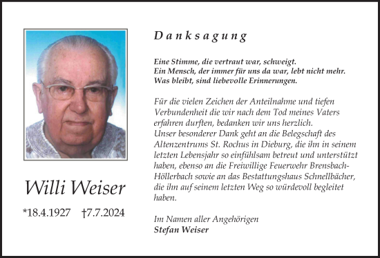 Traueranzeige von Willi Weiser von Darmstädter Echo