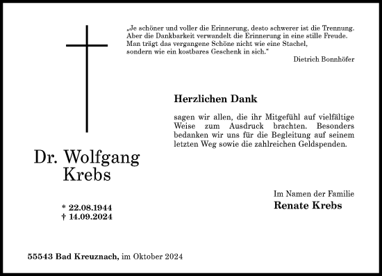Traueranzeige von Wolfgang Krebs von Allgemeine Zeitung Rheinhessen-Nahe