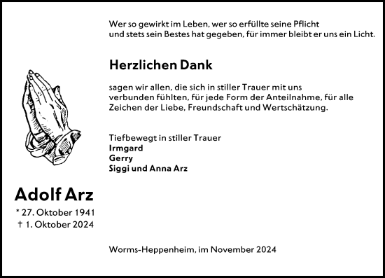 Traueranzeige von Adolf Arz von Allgemeine Zeitung Alzey