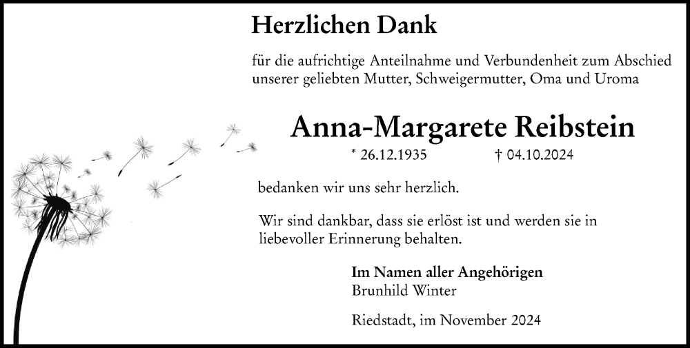  Traueranzeige für Anna-Margarete Reibstein vom 02.11.2024 aus Groß-Gerauer Echo