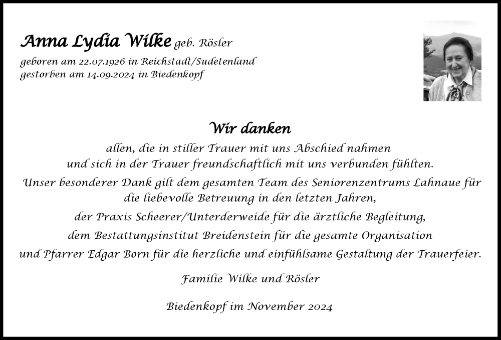  Traueranzeige für Anna Lydia Wilke vom 08.11.2024 aus Hinterländer Anzeiger