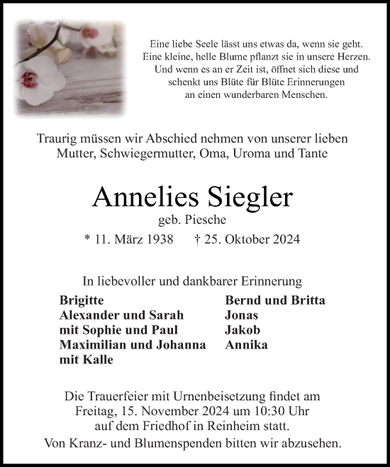 Traueranzeige von Annelies Siegler von Darmstädter Echo