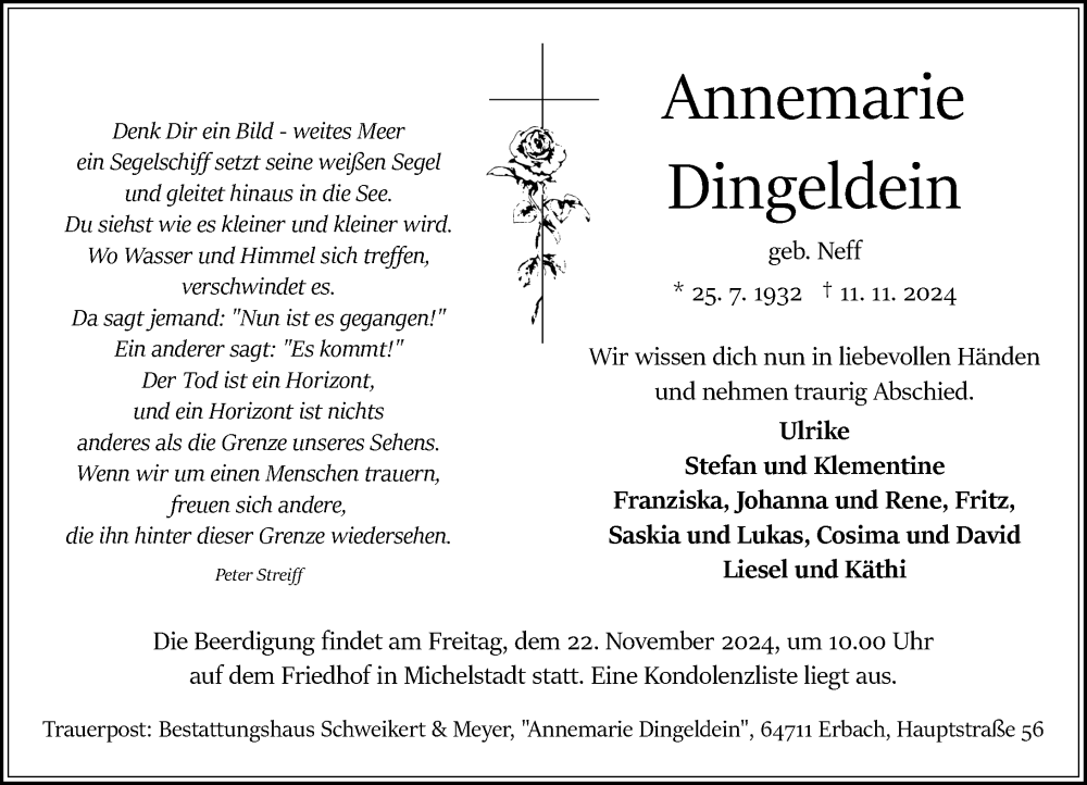  Traueranzeige für Annemarie Dingeldein vom 16.11.2024 aus Odenwälder Echo