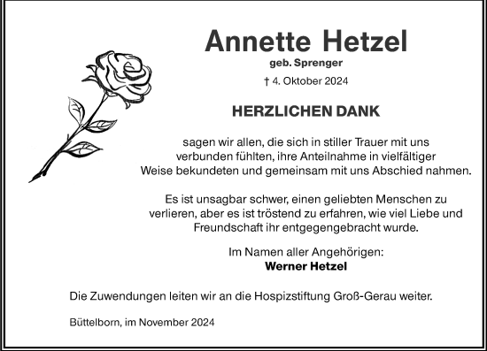 Traueranzeige von Annette Hetzel von Groß-Gerauer Echo