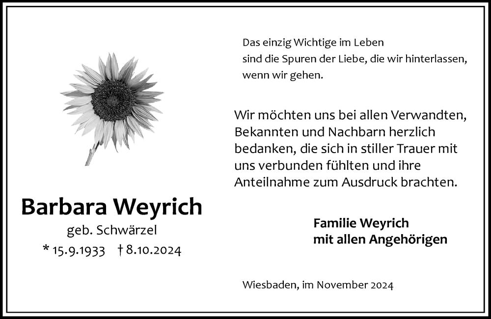  Traueranzeige für Barbara Weyrich vom 16.11.2024 aus Wiesbadener Kurier