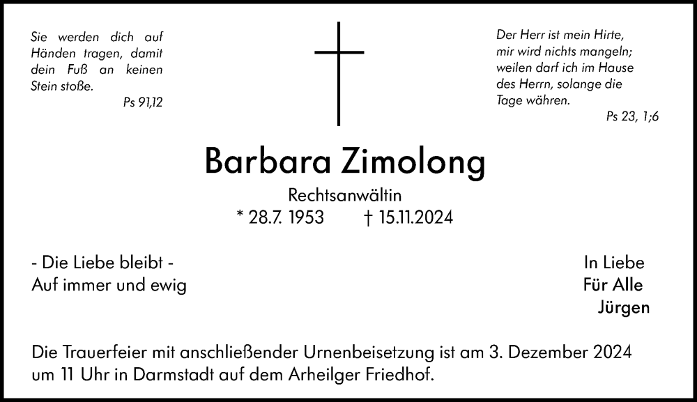  Traueranzeige für Barbara Zimolong vom 23.11.2024 aus Darmstädter Echo