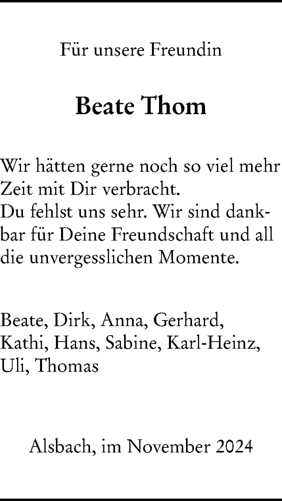  Traueranzeige für Beate Thom vom 09.11.2024 aus Darmstädter Echo