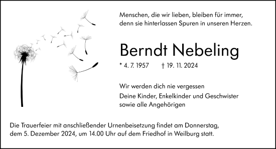 Traueranzeige von Berndt Nebeling von Weilburger Tageblatt