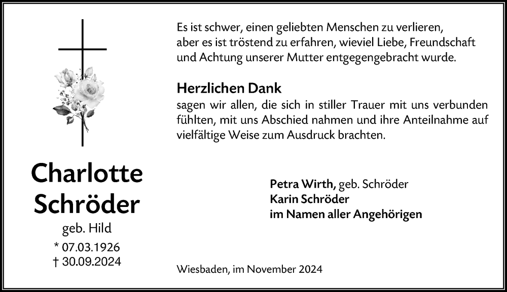  Traueranzeige für Charlotte Schröder vom 23.11.2024 aus Wiesbadener Kurier