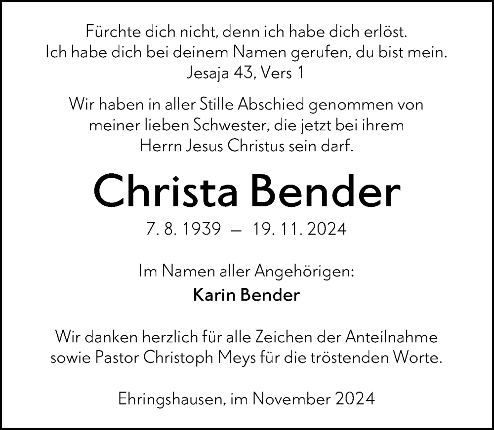  Traueranzeige für Christa Bender vom 26.11.2024 aus Wetzlarer Neue Zeitung