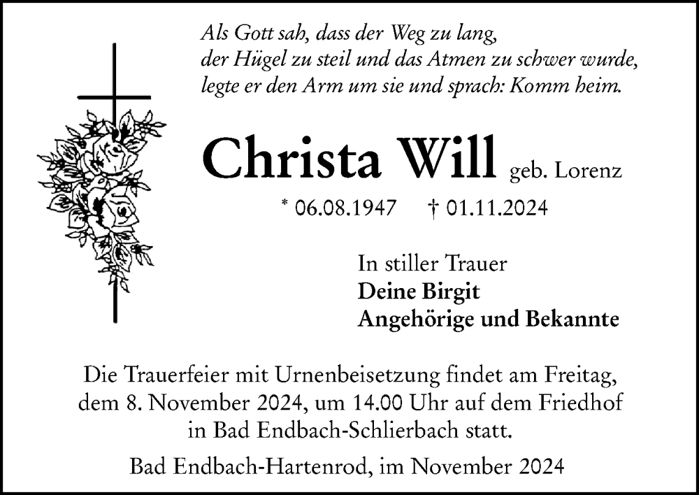  Traueranzeige für Christa Will vom 06.11.2024 aus Hinterländer Anzeiger
