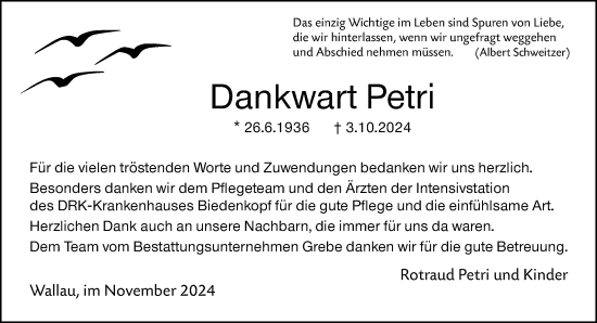 Traueranzeige von Dankwart Petri von Hinterländer Anzeiger