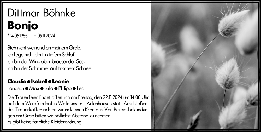 Traueranzeige für Dittmar Böhnke vom 15.11.2024 aus Weilburger Tageblatt