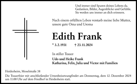 Traueranzeige von Edith Frank von Allgemeine Zeitung Mainz