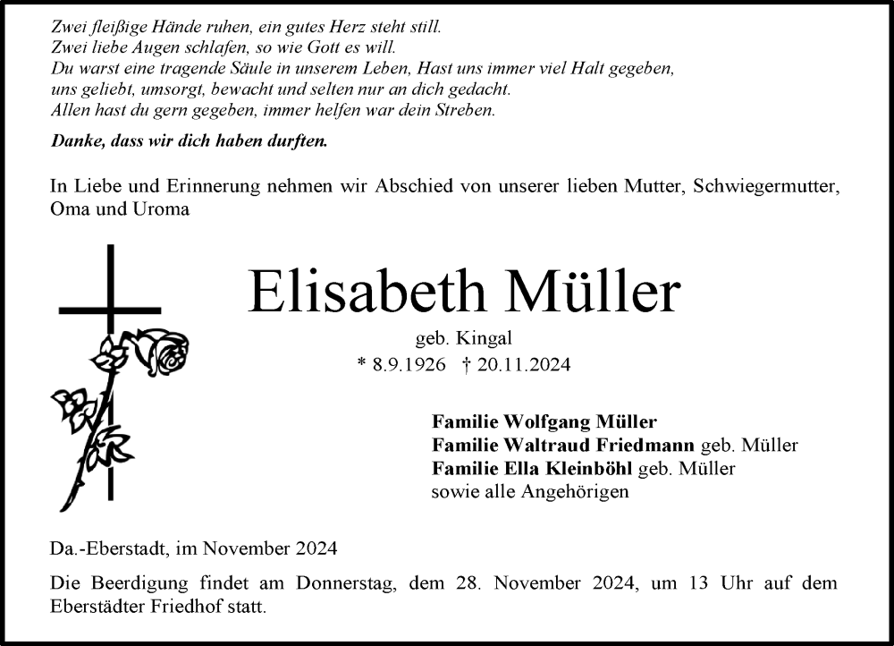  Traueranzeige für Elisabeth Müller vom 23.11.2024 aus Darmstädter Echo