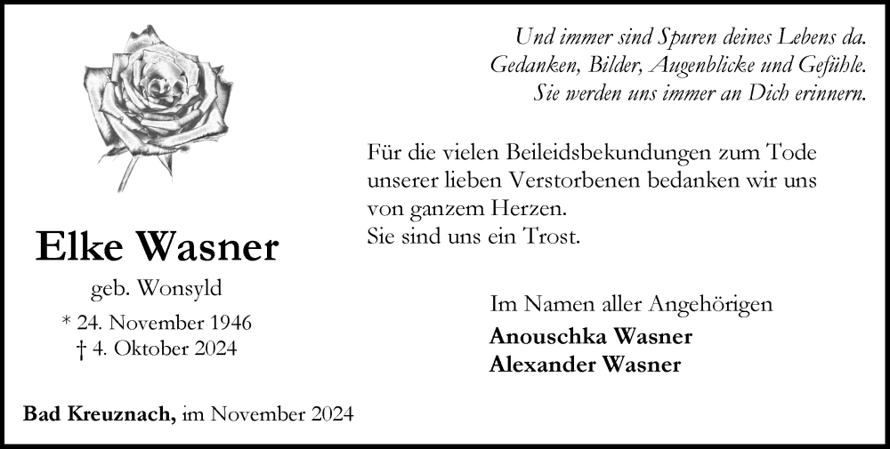  Traueranzeige für Elke Wasner vom 23.11.2024 aus Allgemeine Zeitung Rheinhessen-Nahe