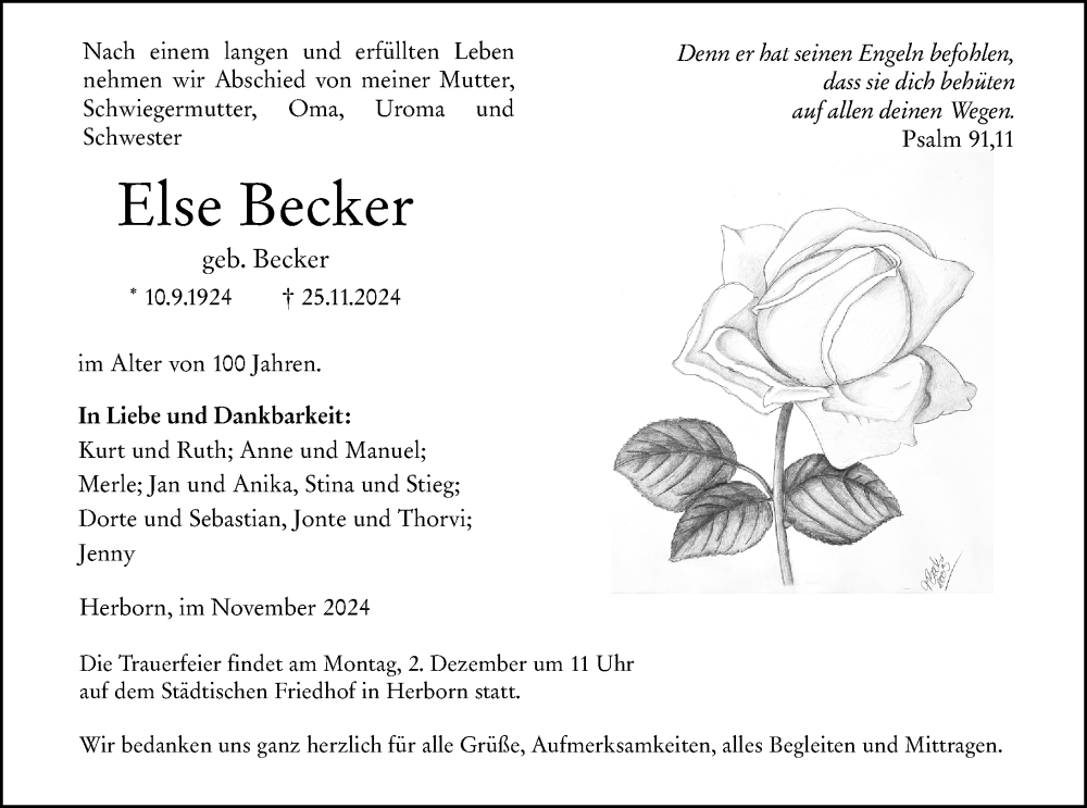 Traueranzeige für Else Becker vom 28.11.2024 aus Dill Block