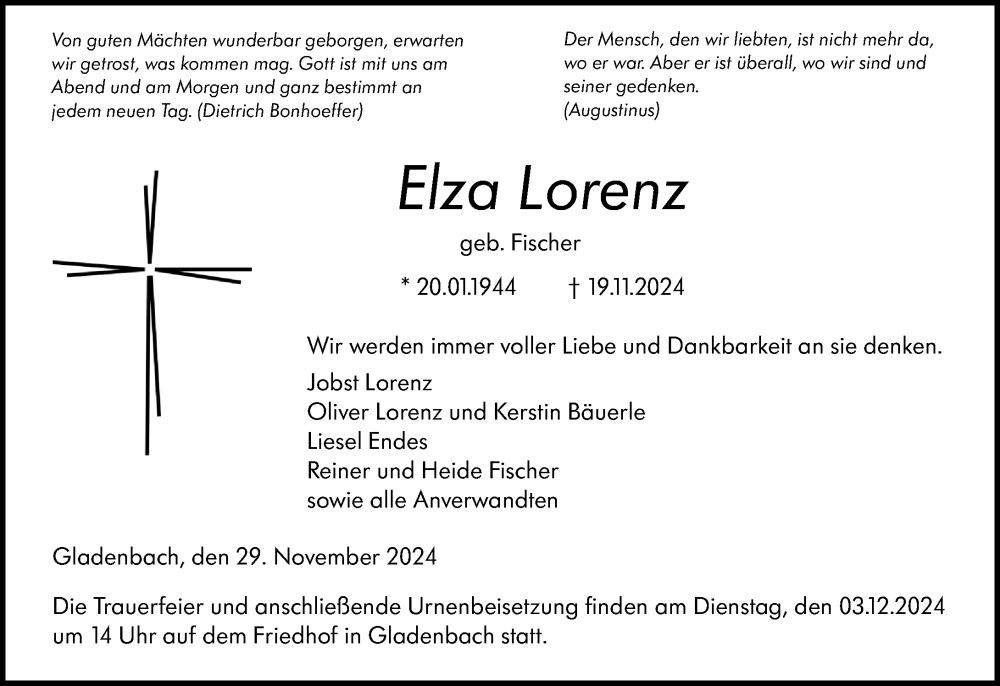  Traueranzeige für Elza Lorenz vom 29.11.2024 aus Hinterländer Anzeiger
