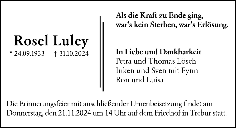  Traueranzeige für Rosel Luley vom 15.11.2024 aus Groß-Gerauer Echo