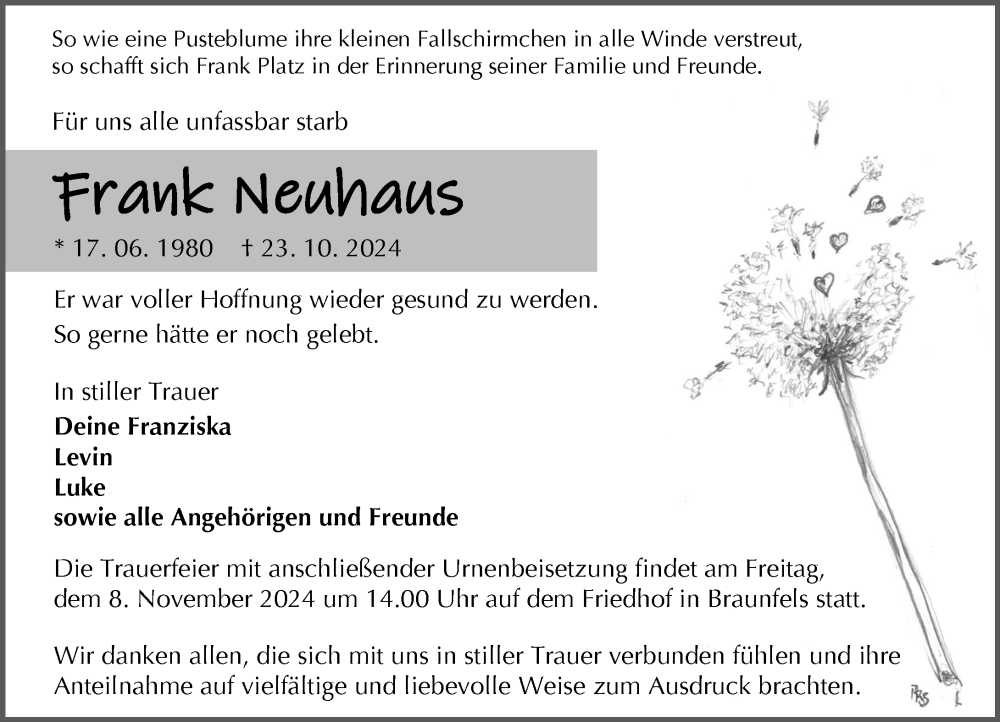  Traueranzeige für Frank Neuhaus vom 06.11.2024 aus Wetzlarer Neue Zeitung