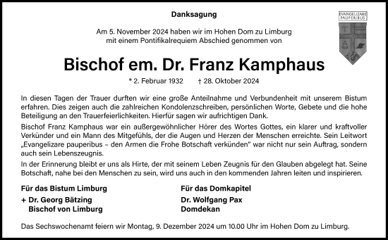 Traueranzeige von Franz Kamphaus von Nassauische Neue Presse