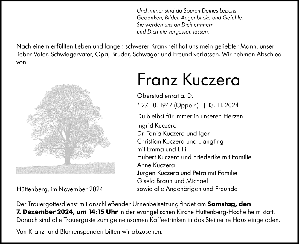  Traueranzeige für Franz Kuczera vom 30.11.2024 aus Wetzlarer Neue Zeitung
