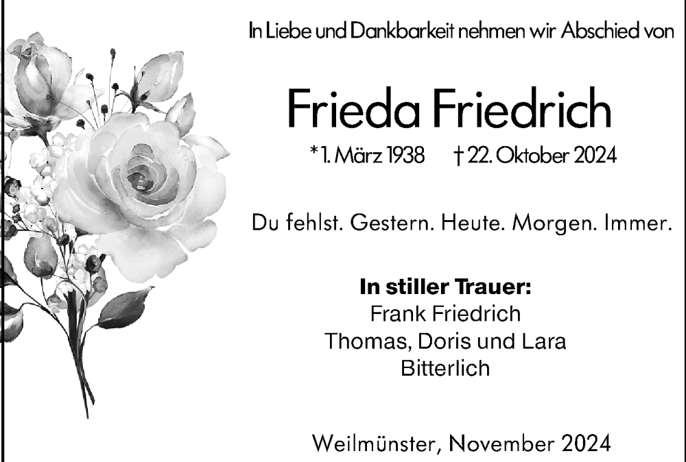  Traueranzeige für Frieda Friedrich vom 11.11.2024 aus Weilburger Tageblatt