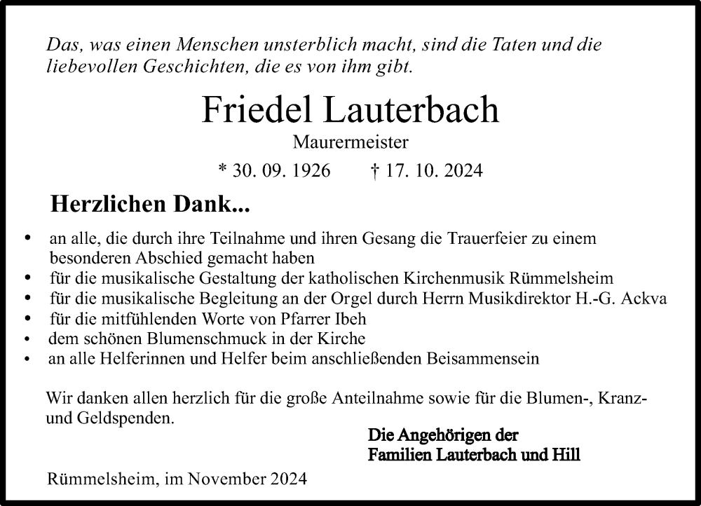  Traueranzeige für Friedel Lauterbach vom 09.11.2024 aus Allgemeine Zeitung Rheinhessen-Nahe