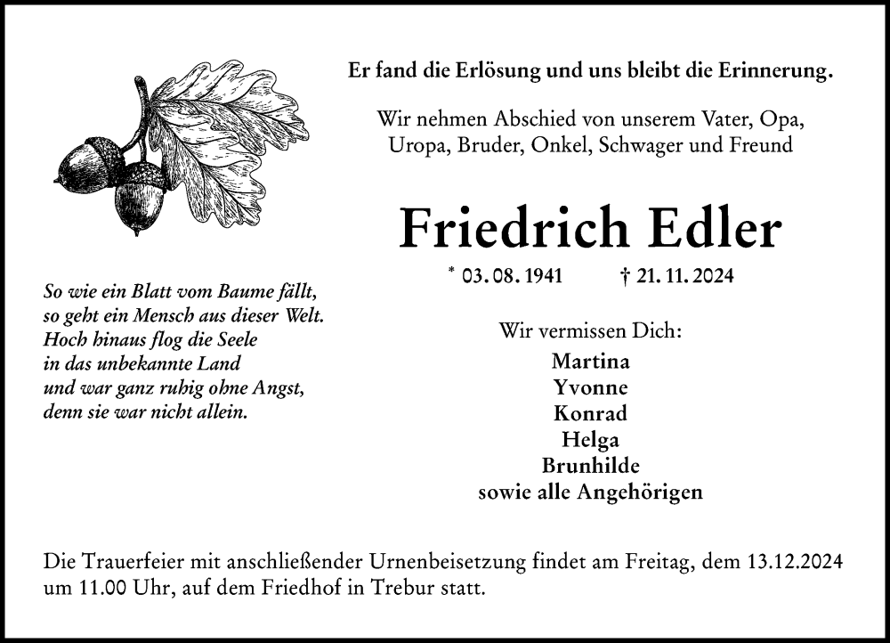  Traueranzeige für Friedrich Edler vom 30.11.2024 aus Groß-Gerauer Echo