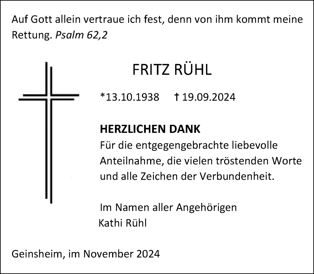  Traueranzeige für Fritz Rühl vom 06.11.2024 aus Groß-Gerauer Echo