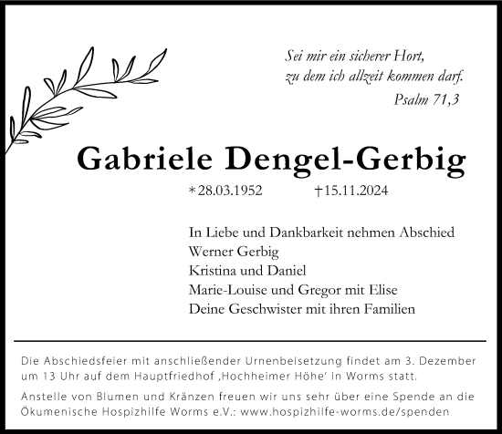 Traueranzeige von Gabriele Dengel-Gerbig von Wormser Zeitung