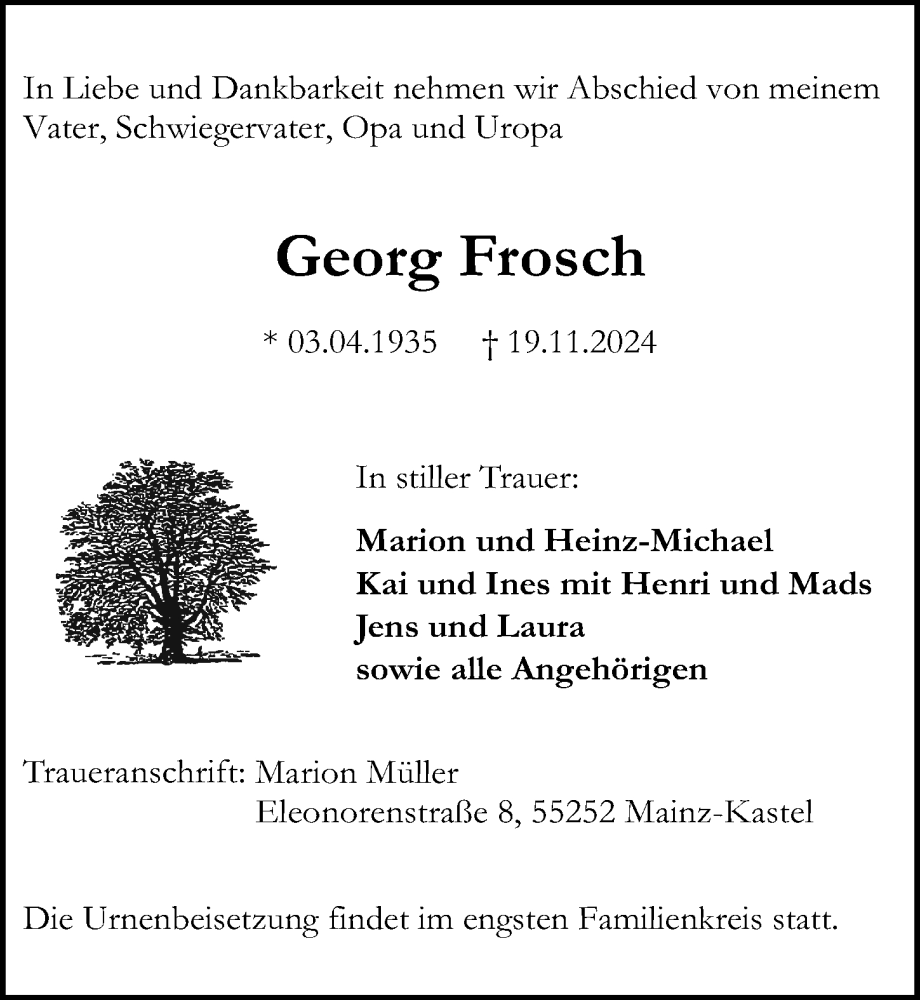  Traueranzeige für Georg Frosch vom 23.11.2024 aus Allgemeine Zeitung Mainz
