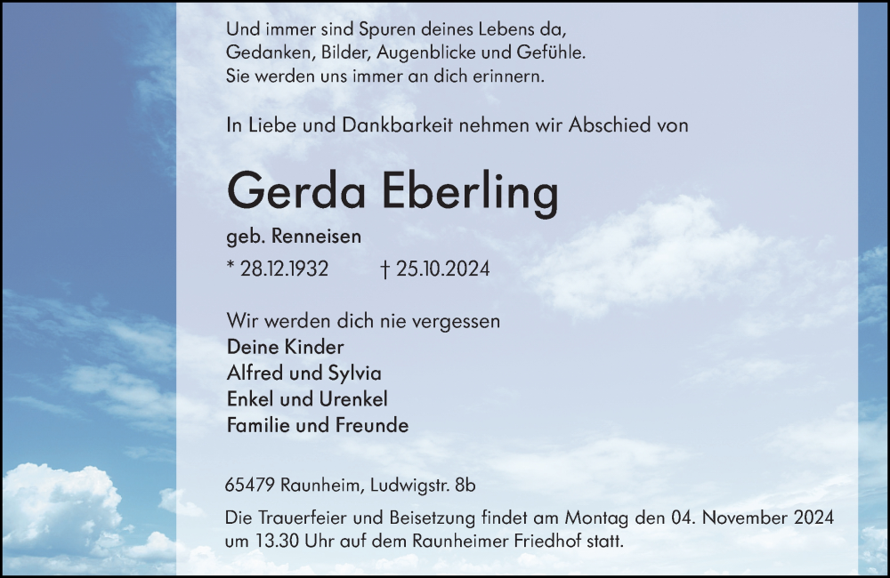  Traueranzeige für Gerda Eberling vom 02.11.2024 aus Rüsselsheimer Echo