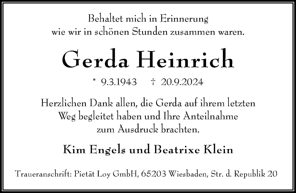  Traueranzeige für Gerda Heinrich vom 16.11.2024 aus Wiesbadener Kurier