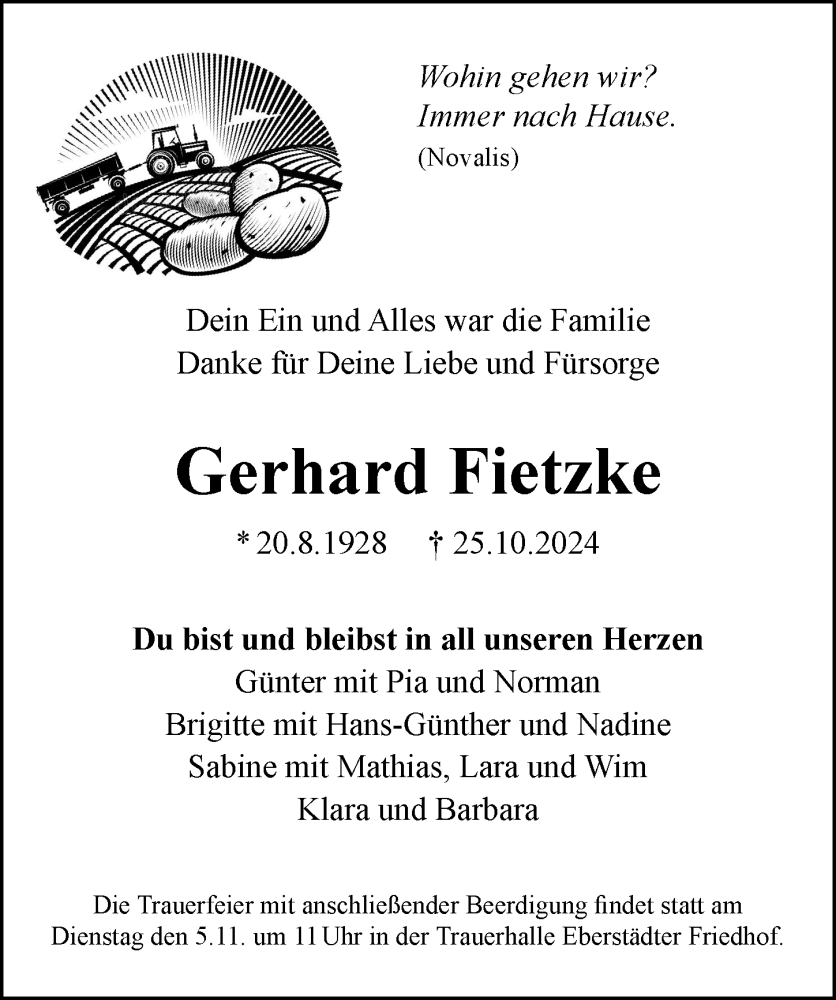  Traueranzeige für Gerhard Fietzke vom 02.11.2024 aus Darmstädter Echo