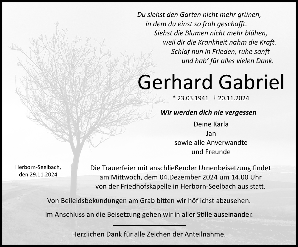  Traueranzeige für Gerhard Gabriel vom 29.11.2024 aus Dill Block