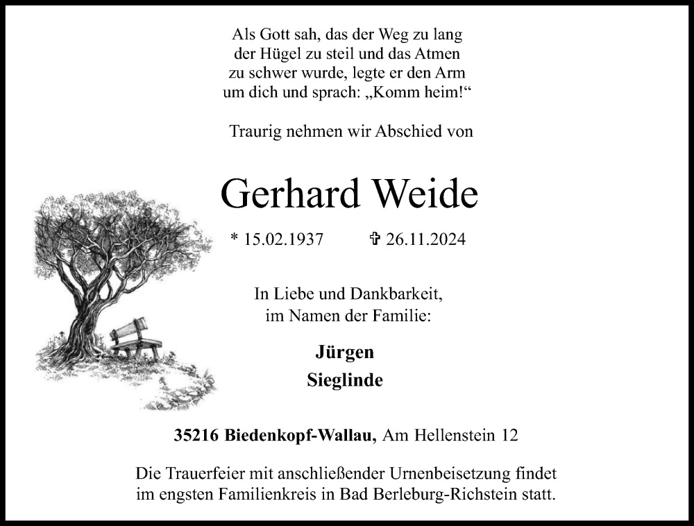  Traueranzeige für Gerhard Weide vom 30.11.2024 aus Hinterländer Anzeiger