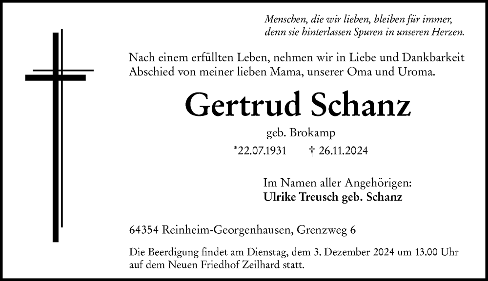  Traueranzeige für Gertrud Schanz vom 30.11.2024 aus Odenwälder Echo