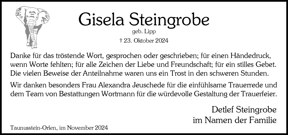  Traueranzeige für Gisela Steingroben vom 23.11.2024 aus Wiesbadener Kurier