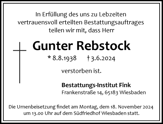 Traueranzeige von Gunter Rebstock von Wiesbadener Kurier