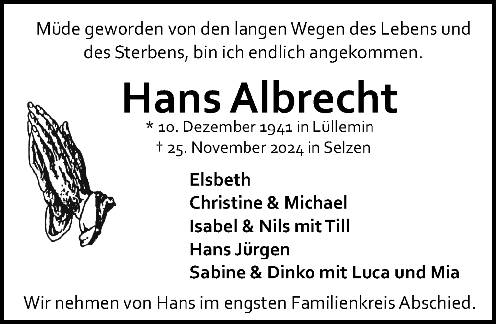  Traueranzeige für Hans Albrecht vom 30.11.2024 aus Allgemeine Zeitung Mainz