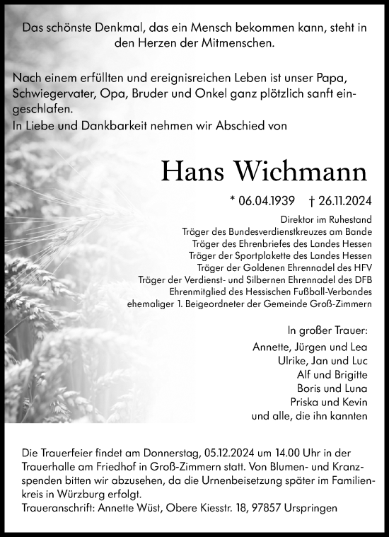 Traueranzeige von Hans Wichmann von Dieburger Anzeiger/Groß-Zimmerner Lokal-Anzeiger
