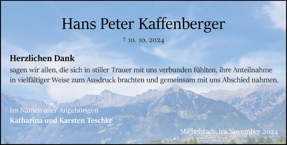 Traueranzeige für Hans Peter Kaffenberger vom 23.11.2024 aus Odenwälder Echo