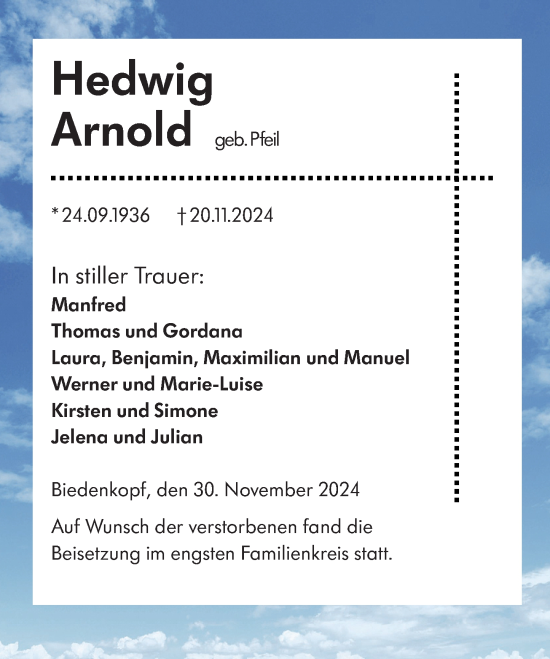 Traueranzeige von Hedwig Arnold von Hinterländer Anzeiger