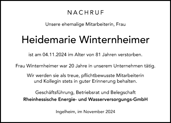 Traueranzeige von Heidemarie Winternheimer von Allgemeine Zeitung Rheinhessen-Nahe