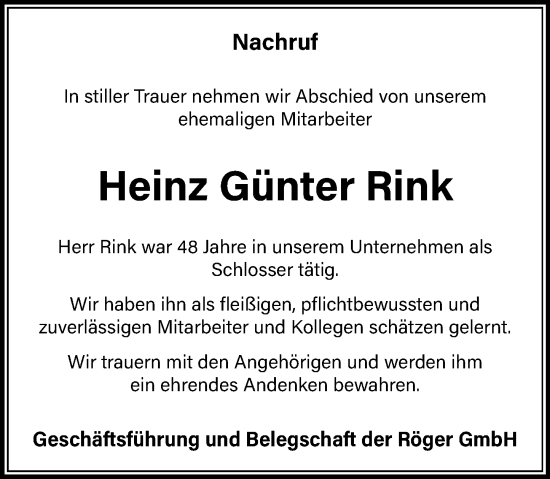Traueranzeige von Heinz Günter Rink von Dill Block