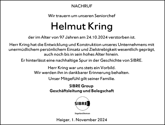 Traueranzeige von Helmut Kring von Dill Block
